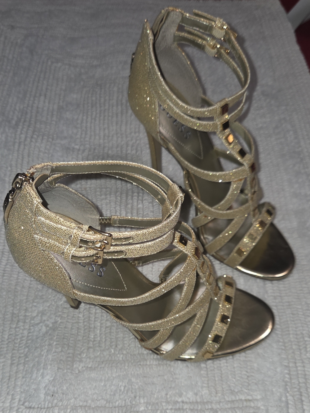 Guess Gold Glitter Strappy Stiletto Heels
